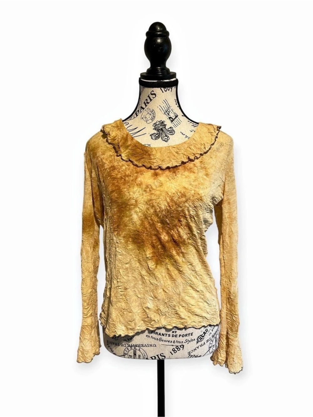 Y2K Tellement Vous Brown Tie-Dye Crinkle Ruffle Top Fairy Grunge